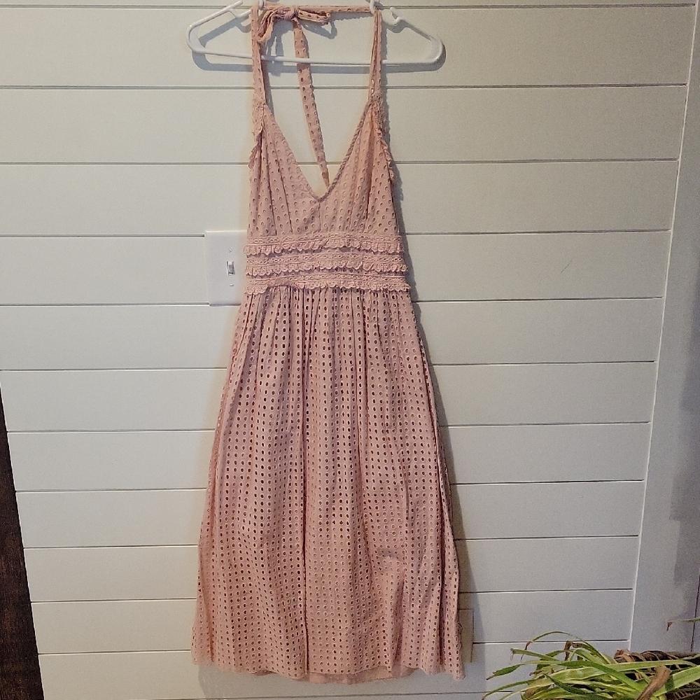 TOPSHOP ANGLAISE BRODERIE LACE HALTER TOP DRESS  4 BLUSH PINK